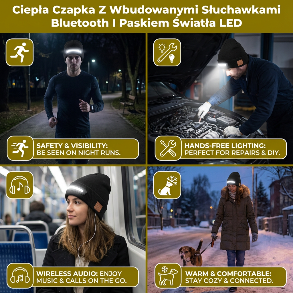 Ciepła Czapka Z Wbudowanymi Słuchawkami Bluetooth I Paskiem Światła LED