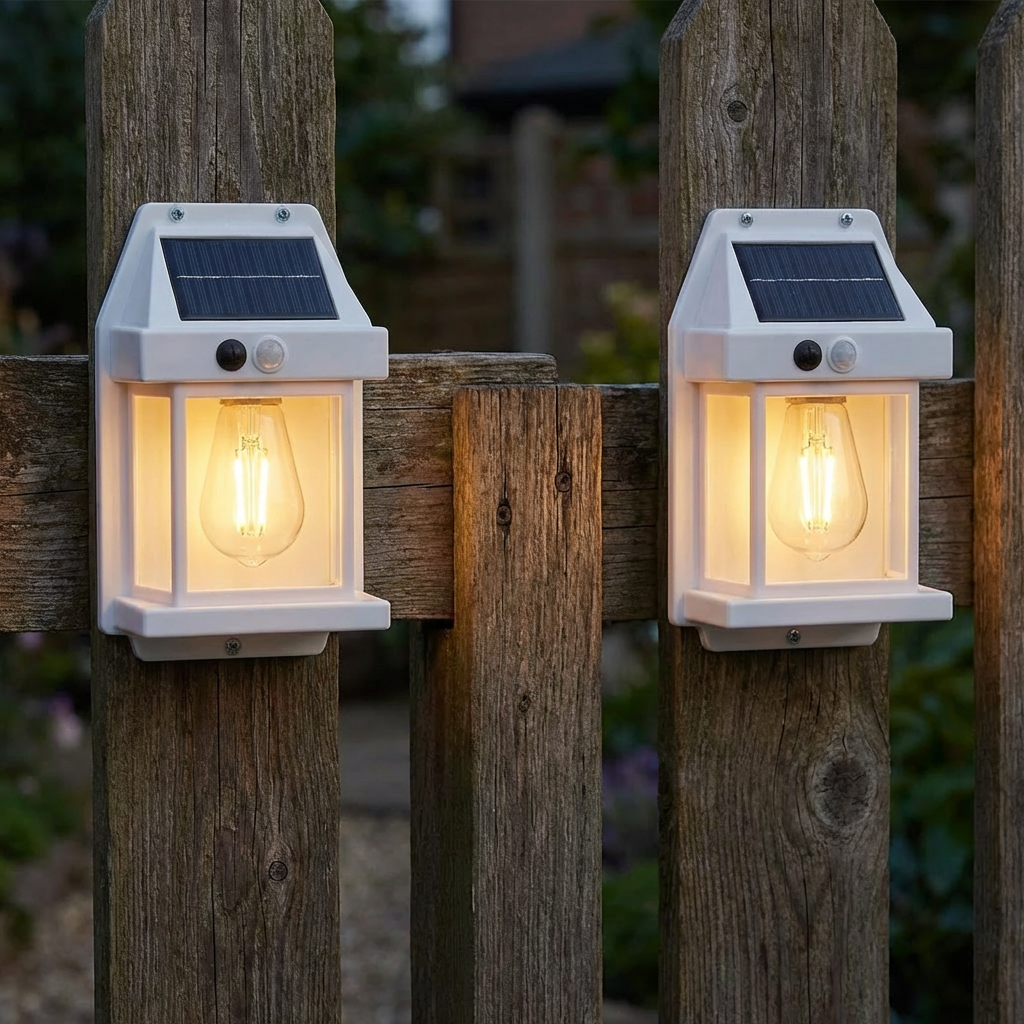 Solarna lampa ścienna LED – wodoodporna lampa zewnętrzna z czujnikiem światła do ogrodu, podwórka i ogrodzenia (2 sztuki)