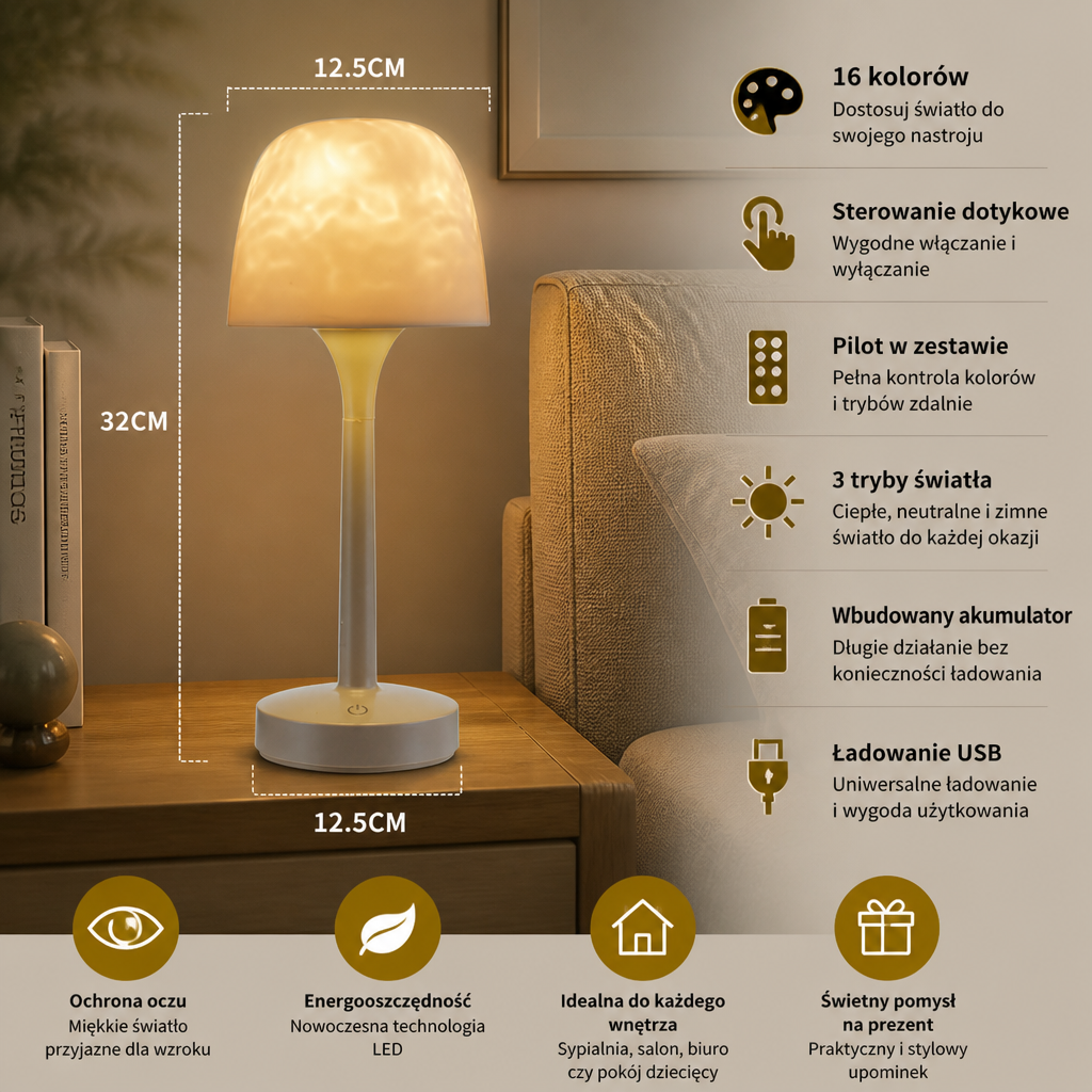 Lampka Projekcyjna LED Aurora i Fale Oceanu z Dotykowym Sterowaniem