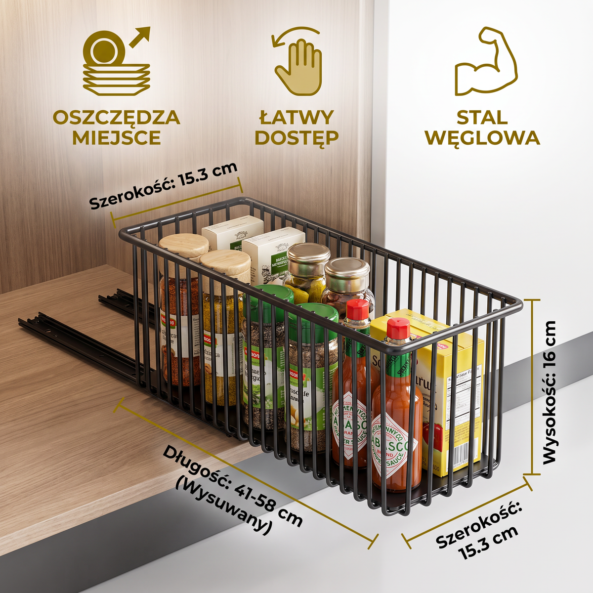 Oszczędzający Miejsce Wysuwany Kosz do Przechowywania ze Stali Węglowej i Organizer do Szafki