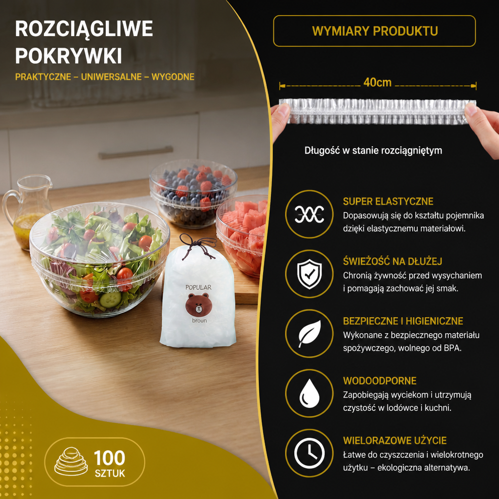 Zestaw 100 Elastycznych Osłon na Żywność – Rozciągliwe Pokrywki na Miski i Talerze