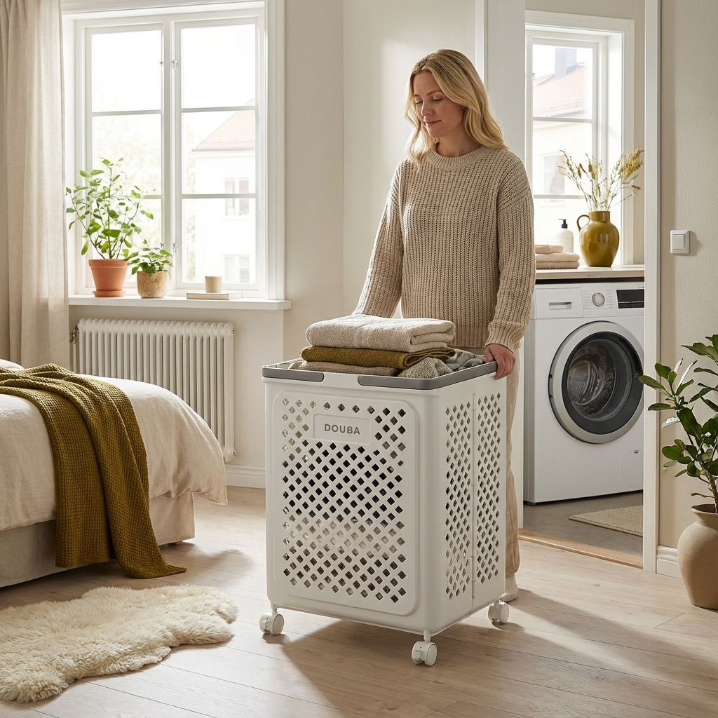 Składany kosz na pranie na kółkach