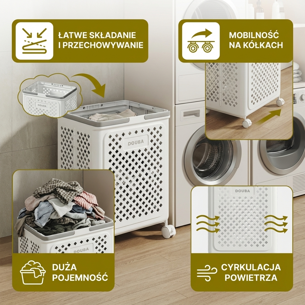 Składany kosz na pranie na kółkach