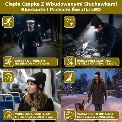 Ciepła Czapka Z Wbudowanymi Słuchawkami Bluetooth I Paskiem Światła LED