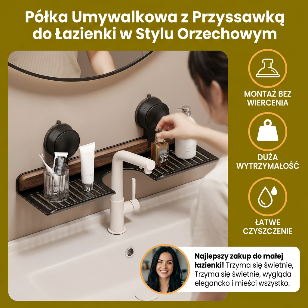 Półka Umywalkowa z Przyssawką do Łazienki w Stylu Orzechowym