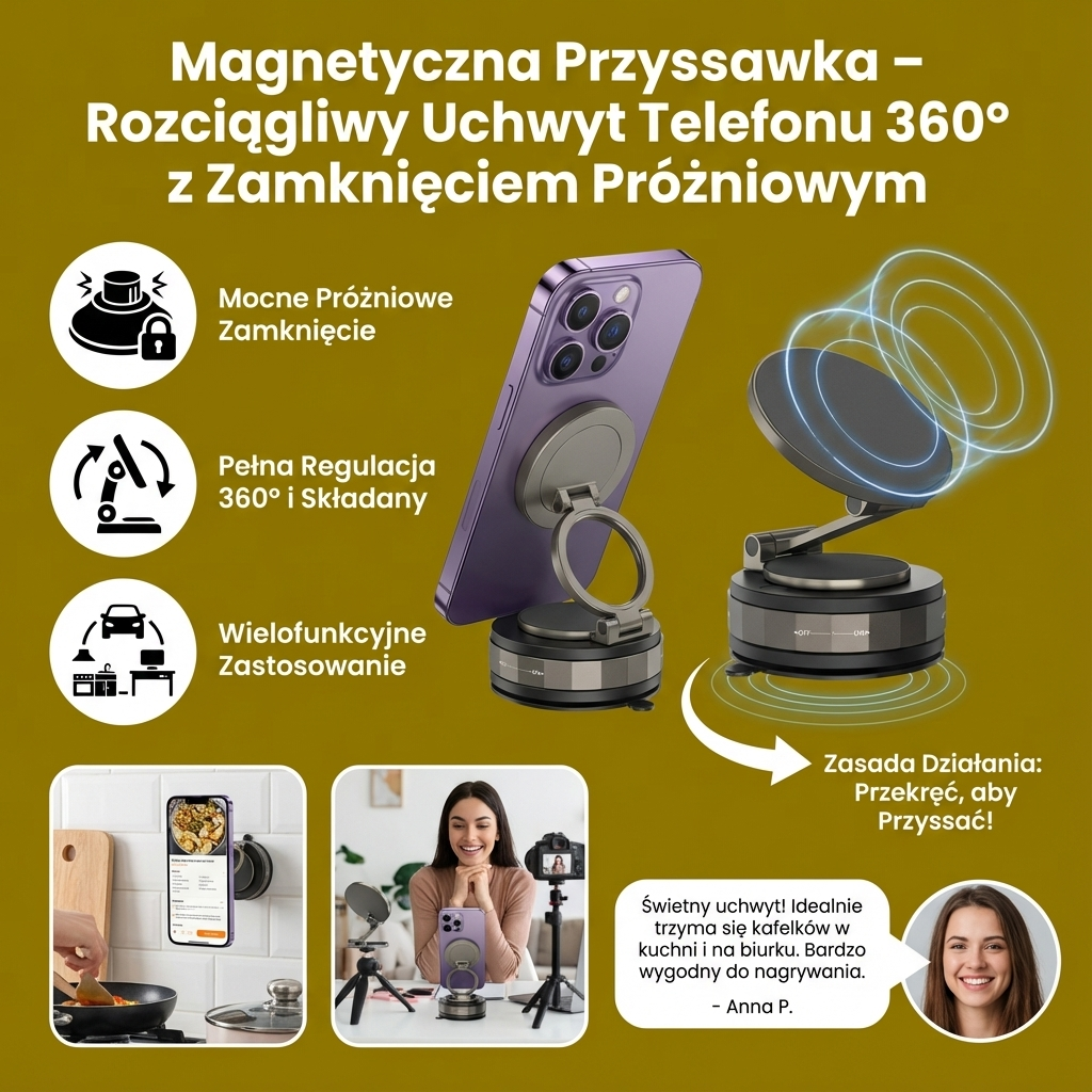 Magnetyczna Przyssawka – Rozciągliwy Uchwyt Telefonu 360° z Zamknięciem Próżniowym
