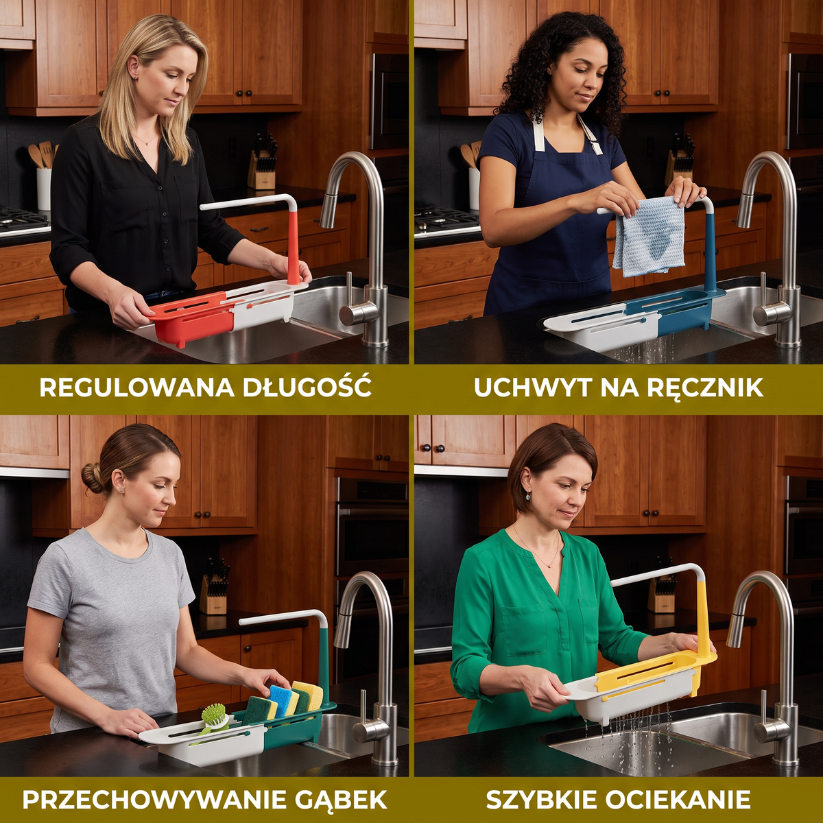 Regulowany teleskopowy organizer do zlewu z ociekaczem i uchwytem na ręcznik