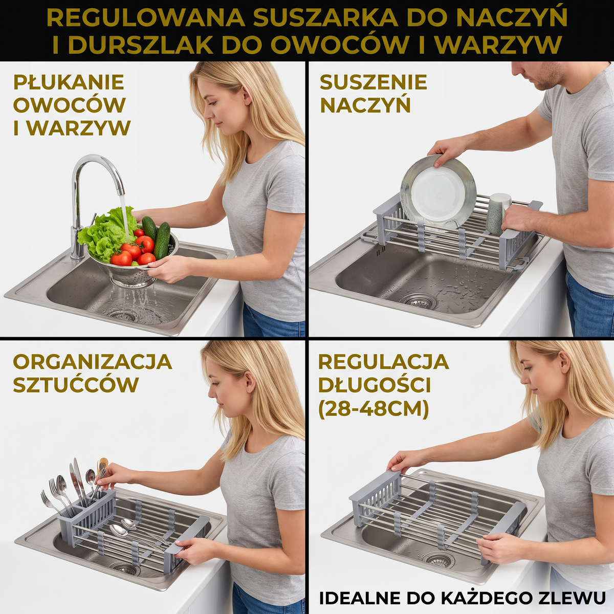 Regulowana suszarka do naczyń nad zlewozmywak i durszlak do owoców oraz warzyw