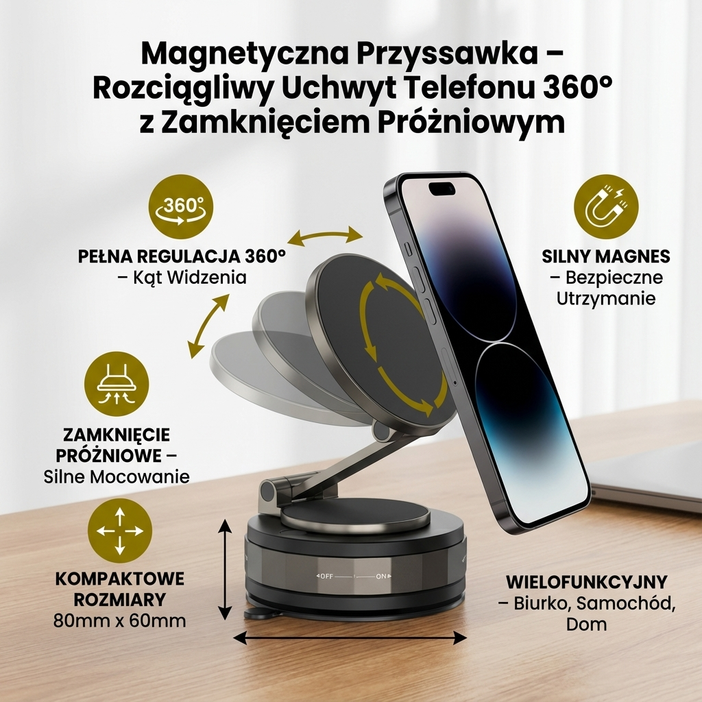 Magnetyczna Przyssawka – Rozciągliwy Uchwyt Telefonu 360° z Zamknięciem Próżniowym