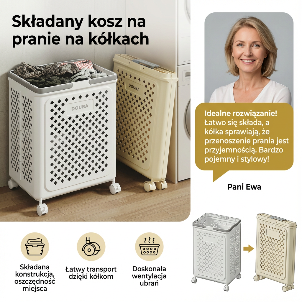 Składany kosz na pranie na kółkach