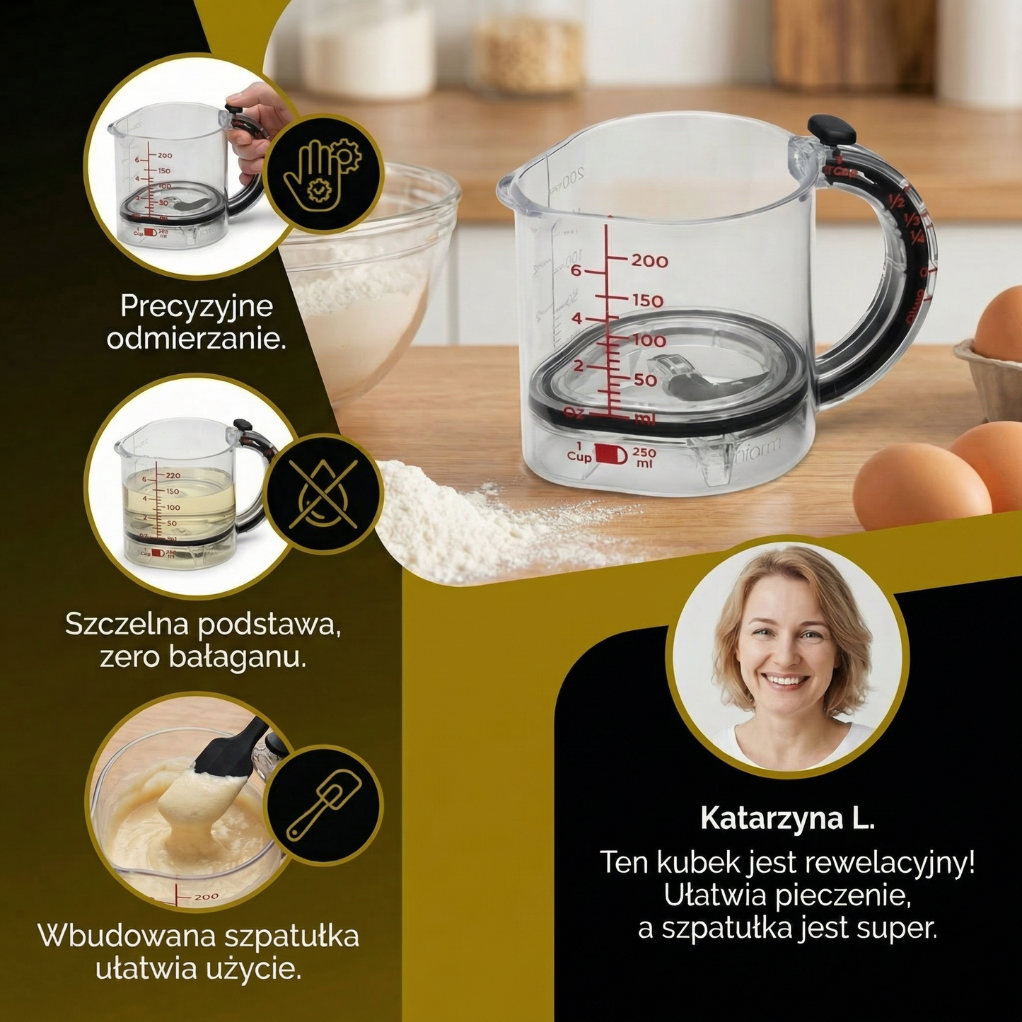Regulowany Kubek Miarowy – Wielofunkcyjne Narzędzie Kuchenne z Szpatułką i Uszczelniającą Podstawą