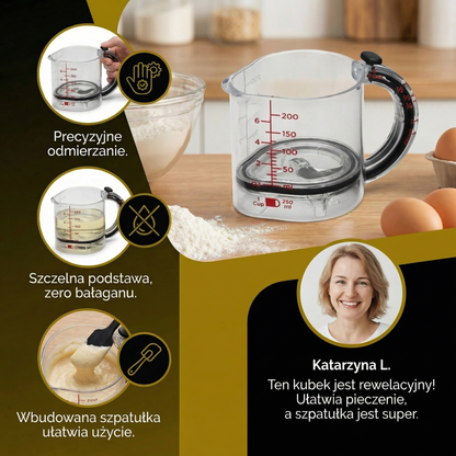 Regulowany Kubek Miarowy – Wielofunkcyjne Narzędzie Kuchenne z Szpatułką i Uszczelniającą Podstawą