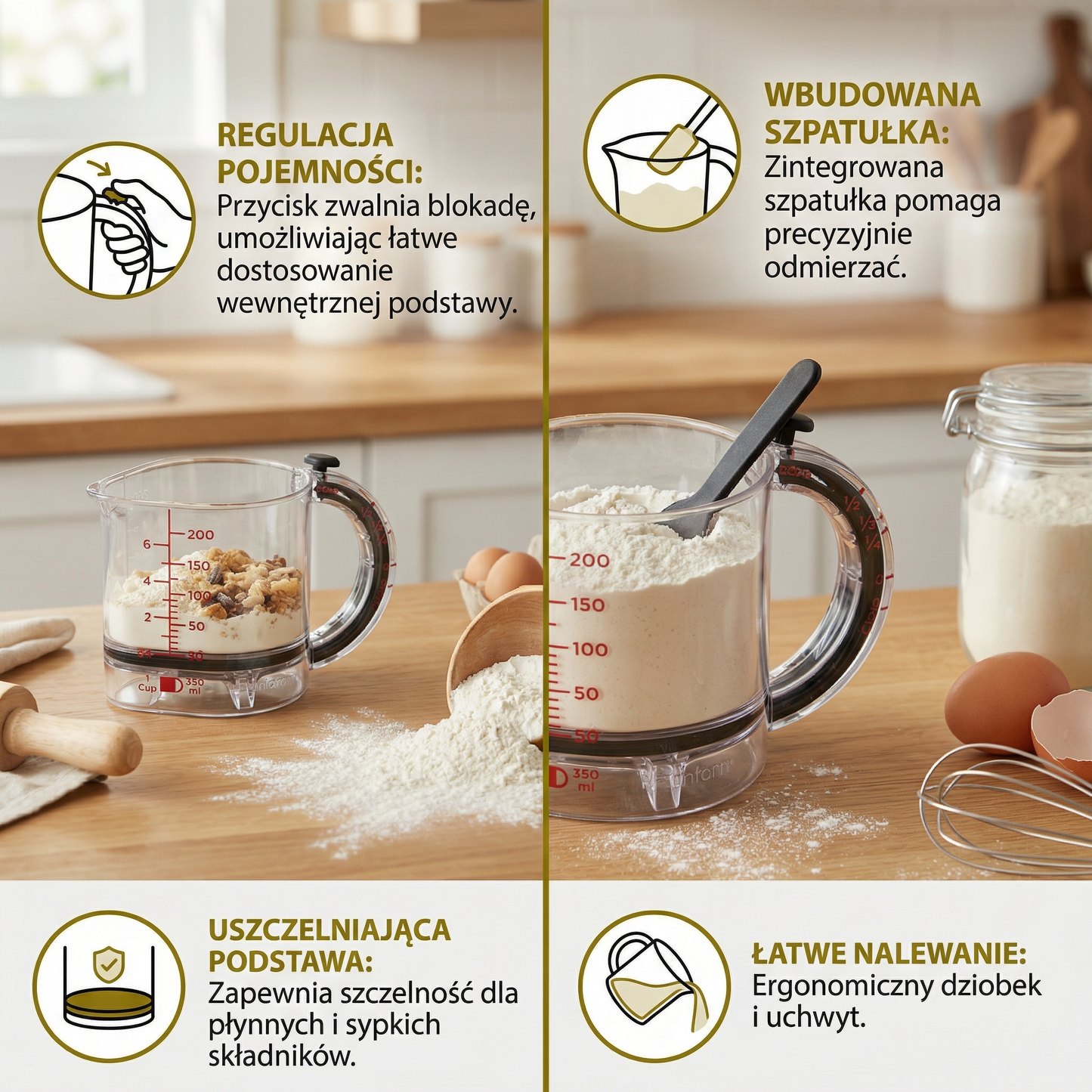 Regulowany Kubek Miarowy – Wielofunkcyjne Narzędzie Kuchenne z Szpatułką i Uszczelniającą Podstawą