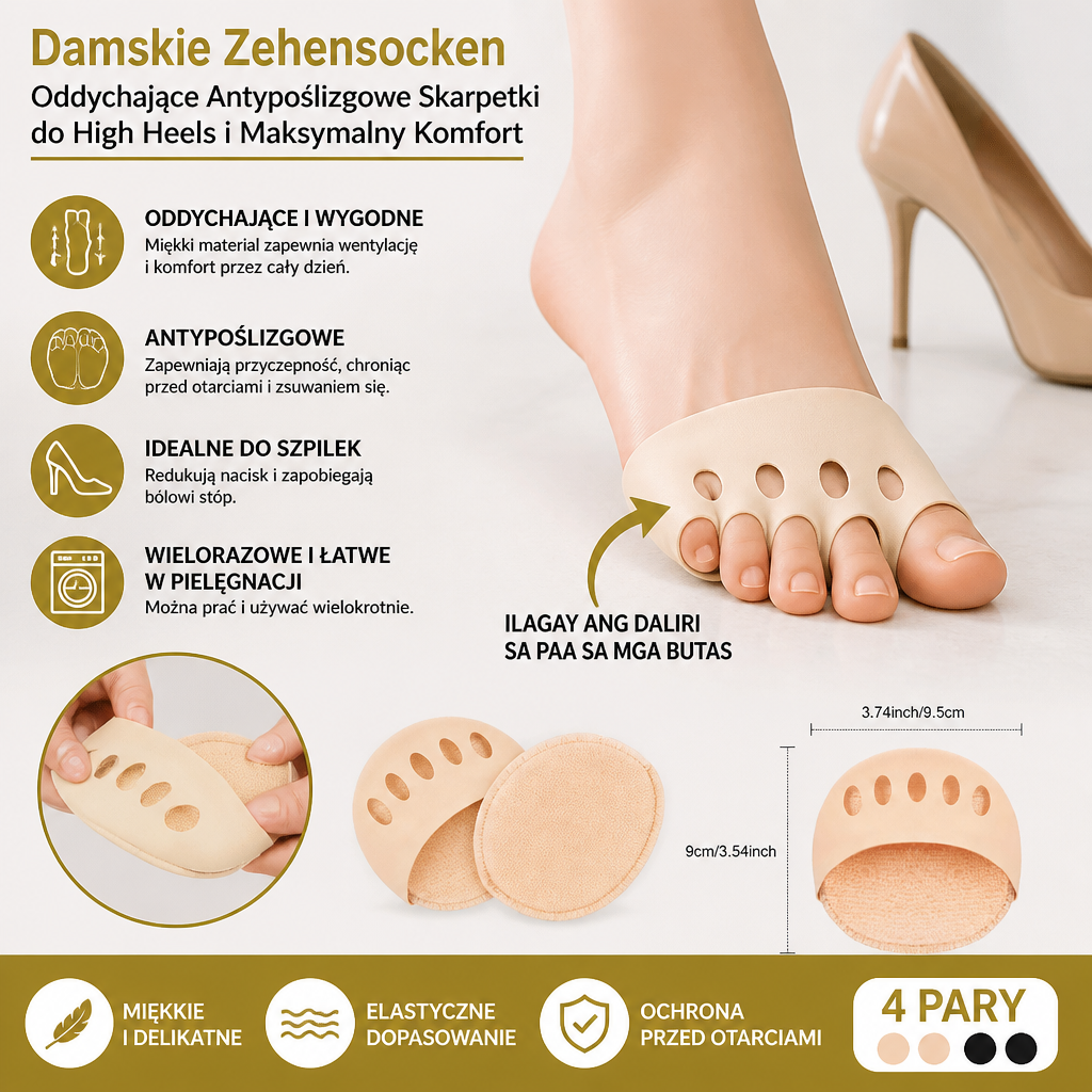 Damskie Zehensocken – Oddychające Antypoślizgowe Skarpetki do High Heels i Maksymalny Komfort (4 Par)