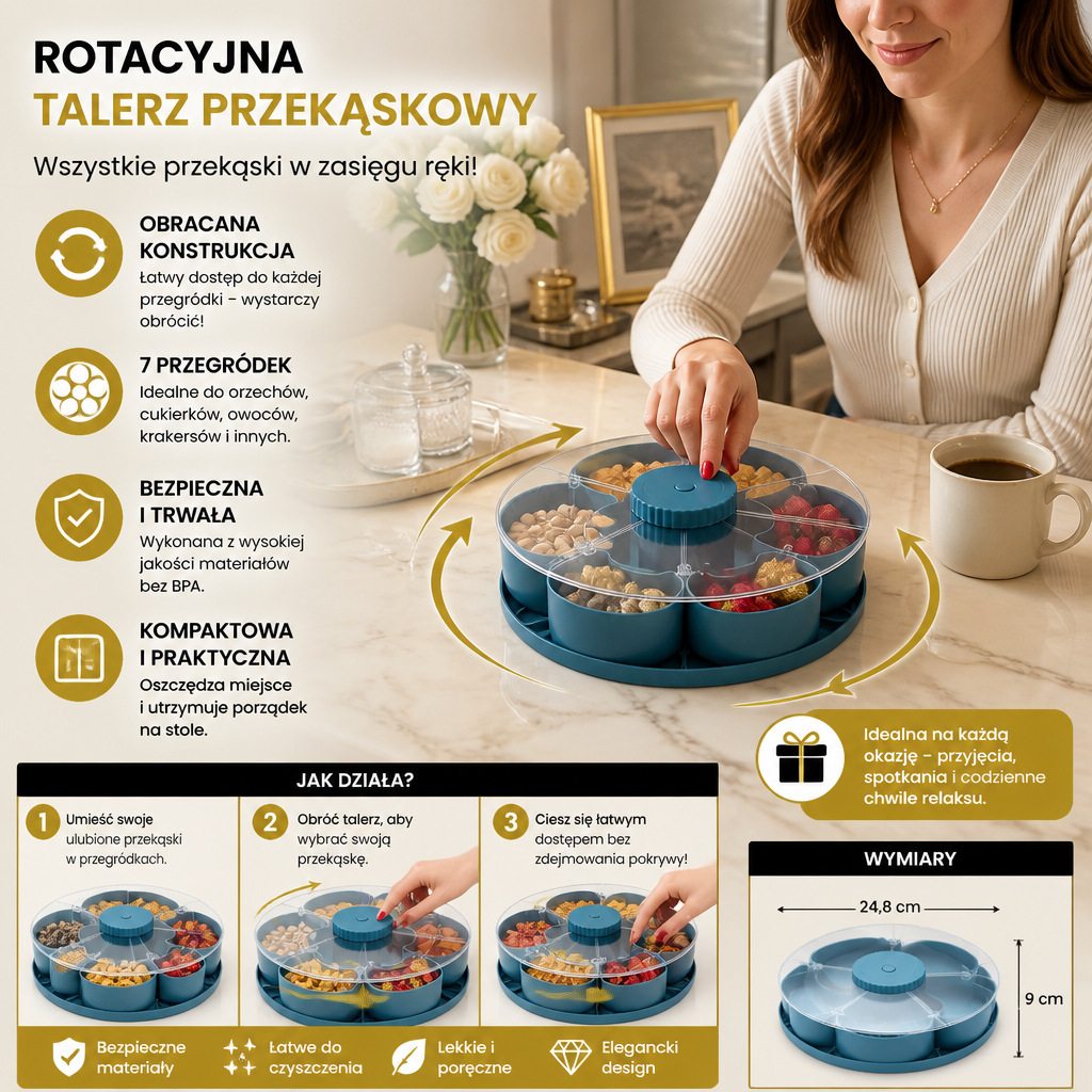 Rotacyjna Talerz Przekąskowy z Przegródkami – Obracający Talerz do Serwowania Przekąsek i Cukierków