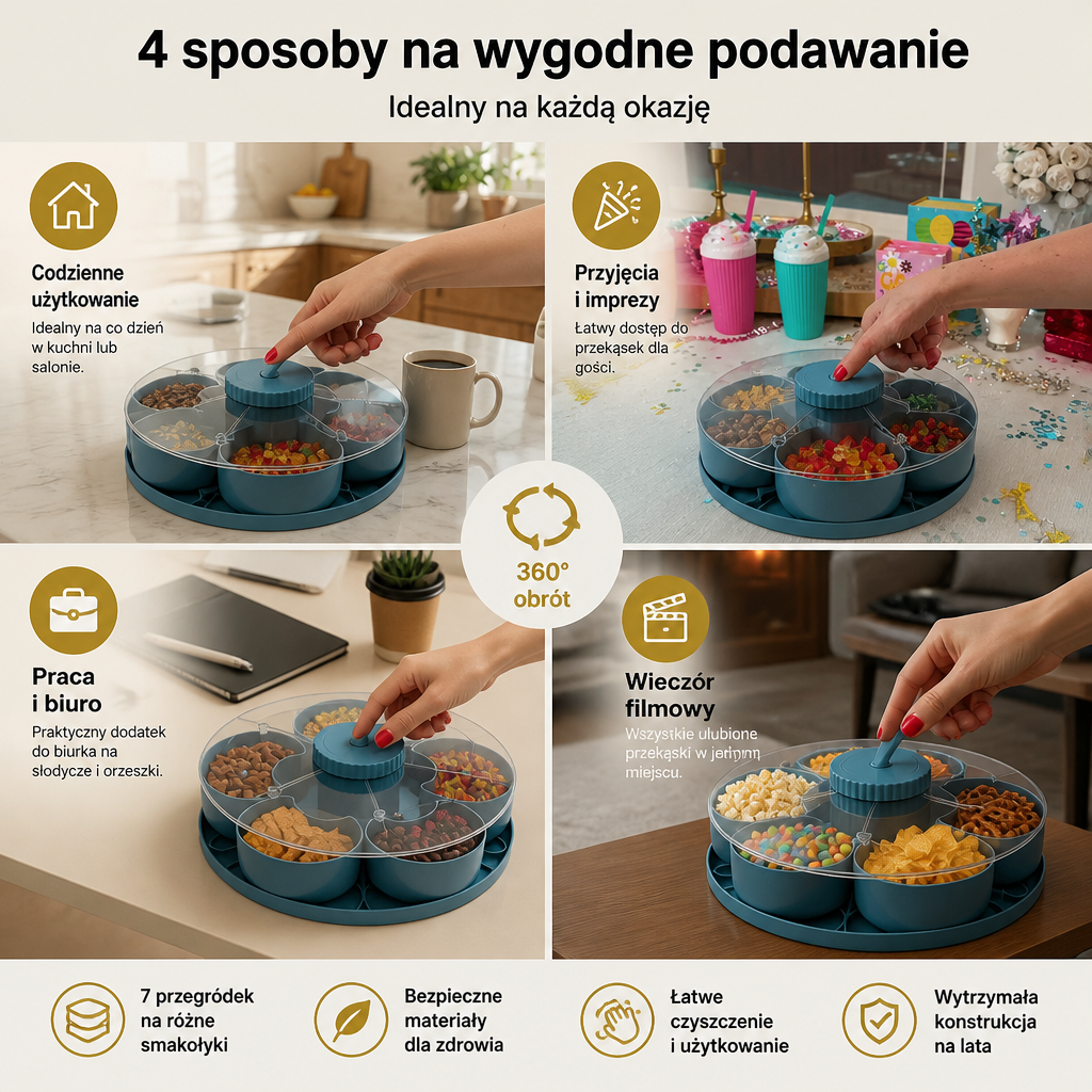 Rotacyjna Talerz Przekąskowy z Przegródkami – Obracający Talerz do Serwowania Przekąsek i Cukierków