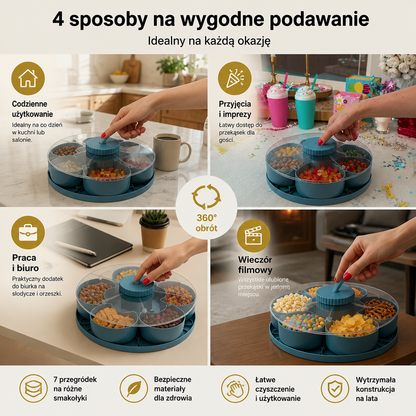 Rotacyjna Talerz Przekąskowy z Przegródkami – Obracający Talerz do Serwowania Przekąsek i Cukierków