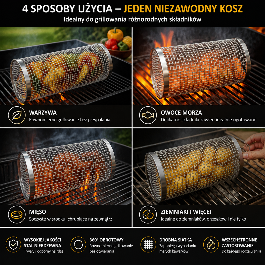 Praktyczny Kosz Grillowy ze Stali Nierdzewnej – Obrotowy Kosz do Grillowania na Zewnątrz