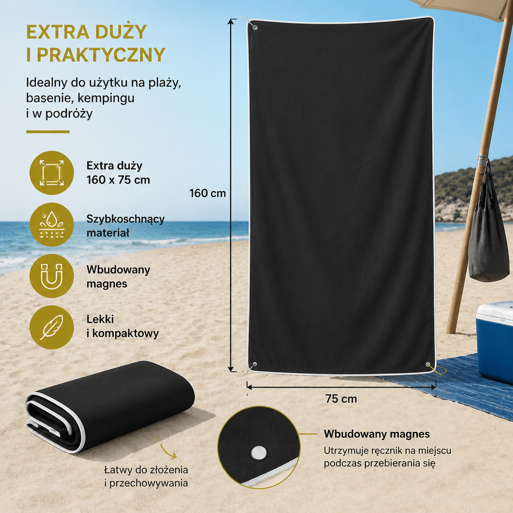 Ręcznik Kąpielowy Extra Duży z Magnesem – Szybkoschnący Ręcznik Plażowy i Kąpielowy do Pływania i Użytku Na Zewnątrz