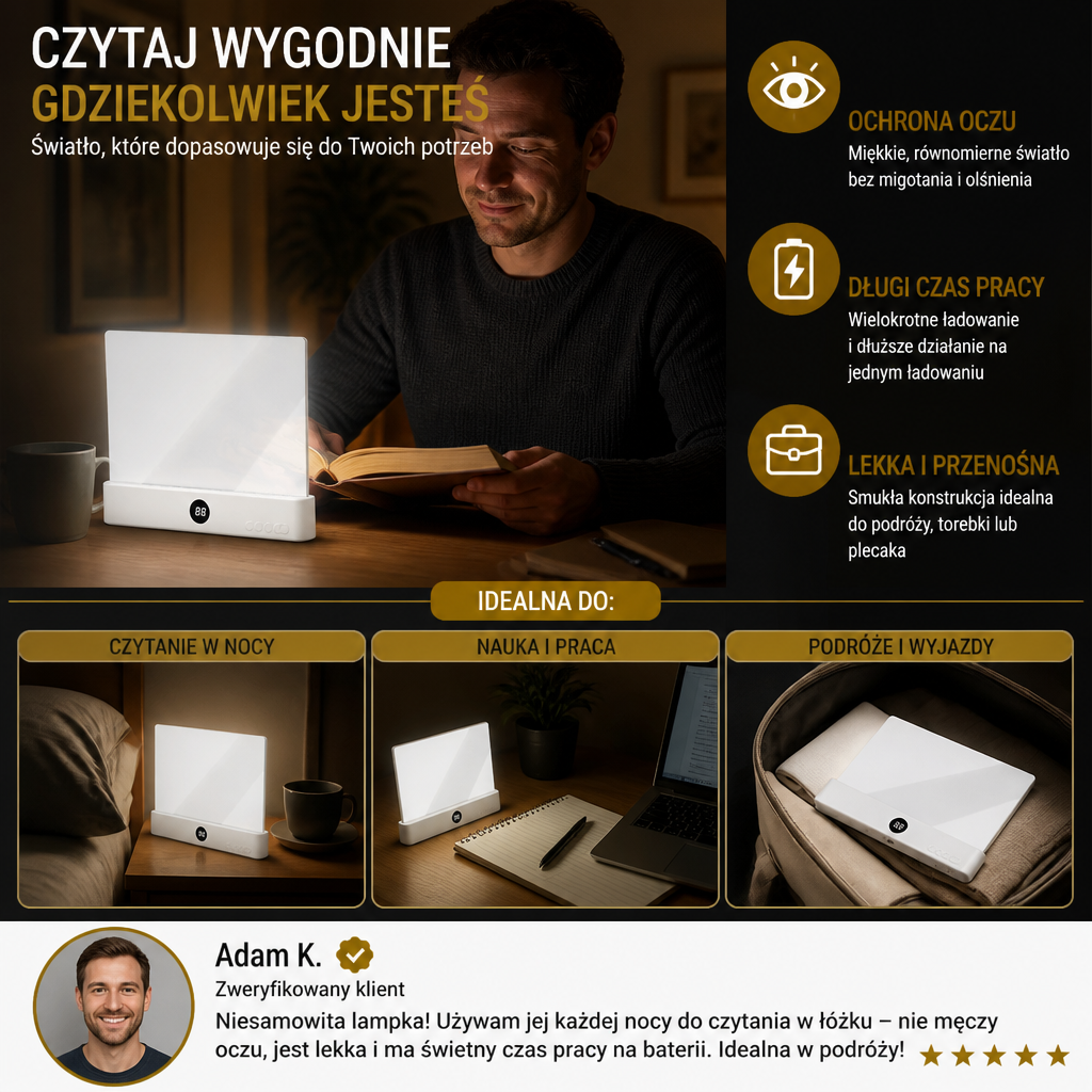 Wielokrotna Ładowalna LED-Lampa do Czytania – Przenośna Lampka do Książek i Nocy dla Relaksujących i Bezstresowych Chwil