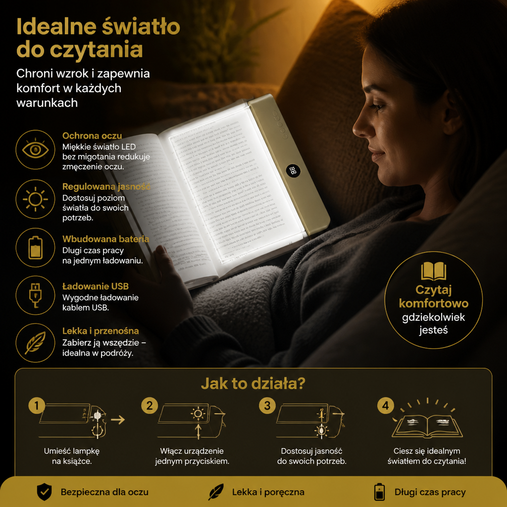 Wielokrotna Ładowalna LED-Lampa do Czytania – Przenośna Lampka do Książek i Nocy dla Relaksujących i Bezstresowych Chwil