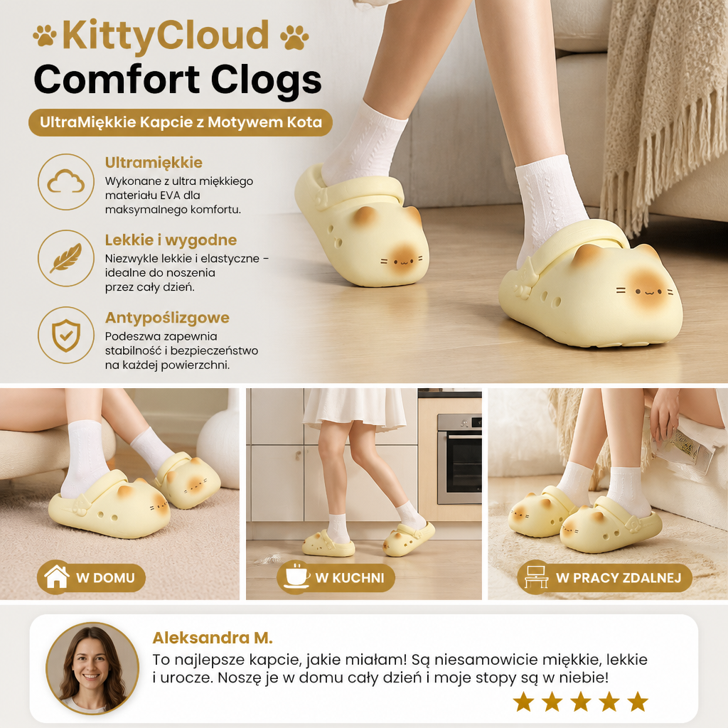 KittyCloud Comfort Clogs – UltraMiękkie Kapcie z Motywem Kota