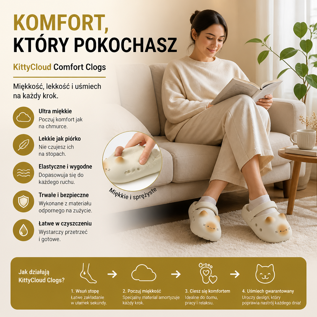 KittyCloud Comfort Clogs – UltraMiękkie Kapcie z Motywem Kota