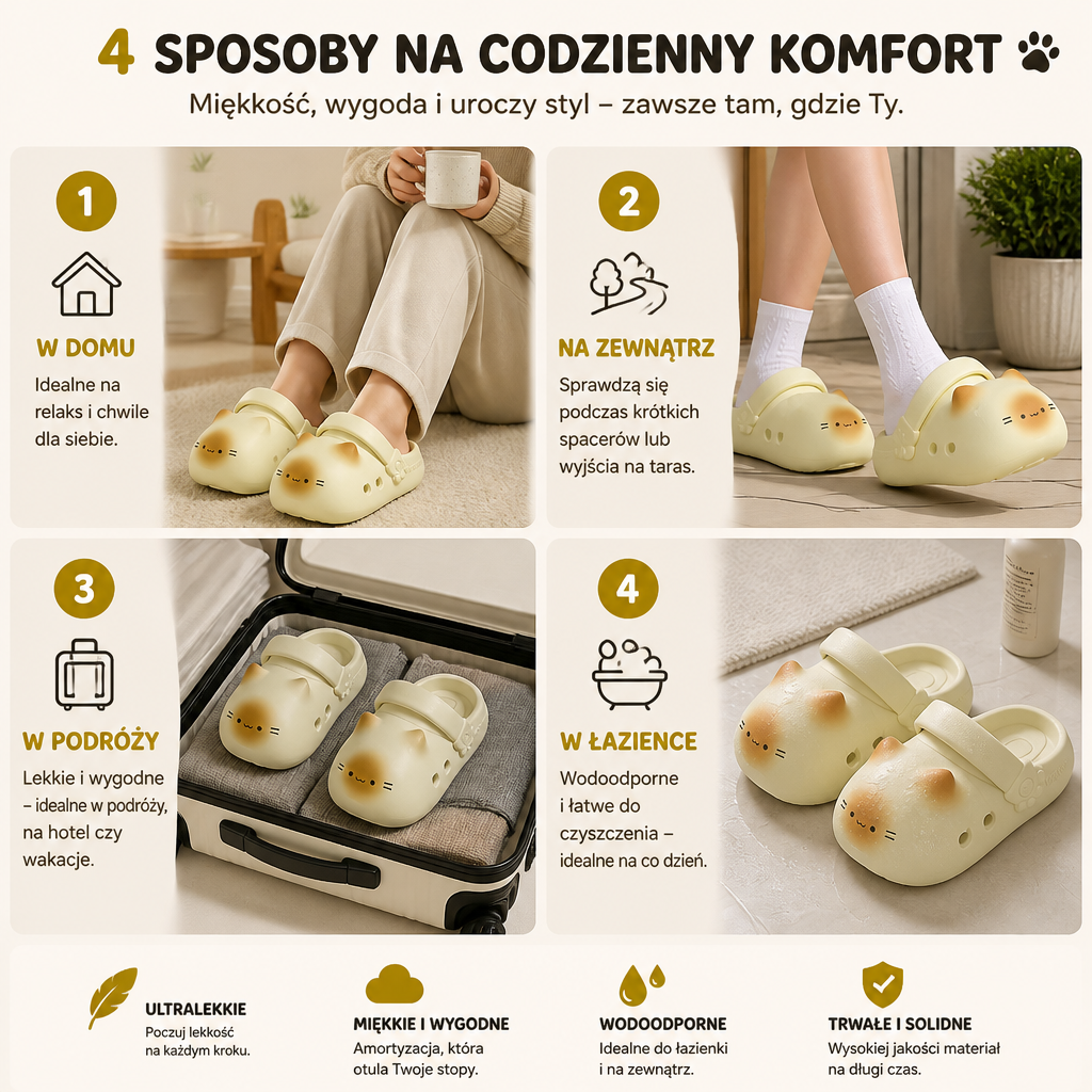 KittyCloud Comfort Clogs – UltraMiękkie Kapcie z Motywem Kota