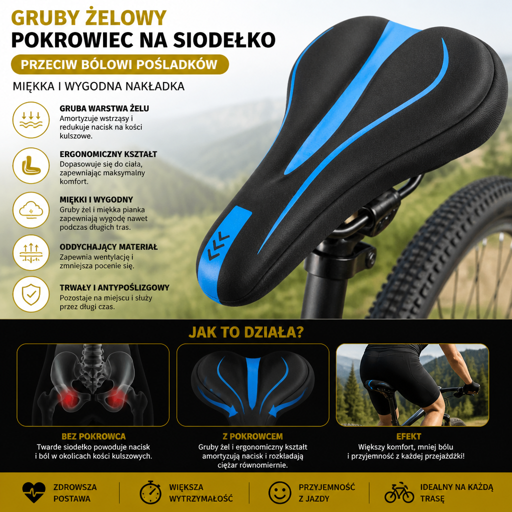 Gruby Żelowy Pokrowiec Na Siodełko Rowerowe Przeciw Bólowi Pośladków – Miękka I Wygodna Nakładka