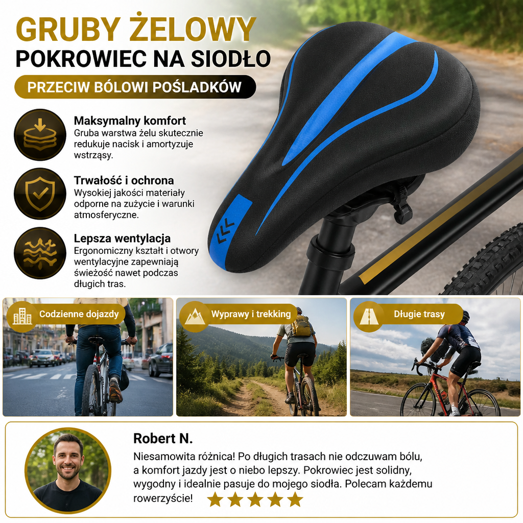 Gruby Żelowy Pokrowiec Na Siodełko Rowerowe Przeciw Bólowi Pośladków – Miękka I Wygodna Nakładka