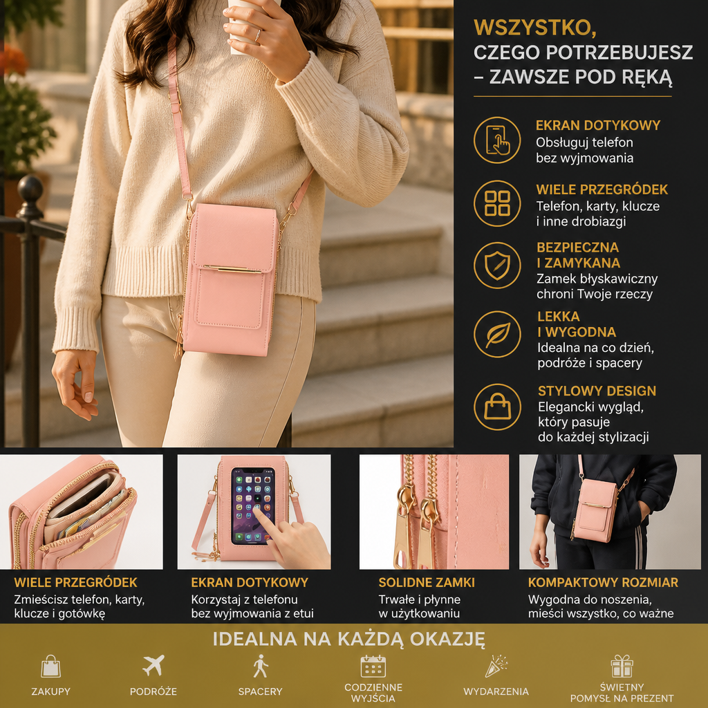 Torba Na Telefon Z Ekranem Dotykowym Na Ramię – Kompaktowe Etui Na Telefon, Klucze I Niezbędne Drobiazgi