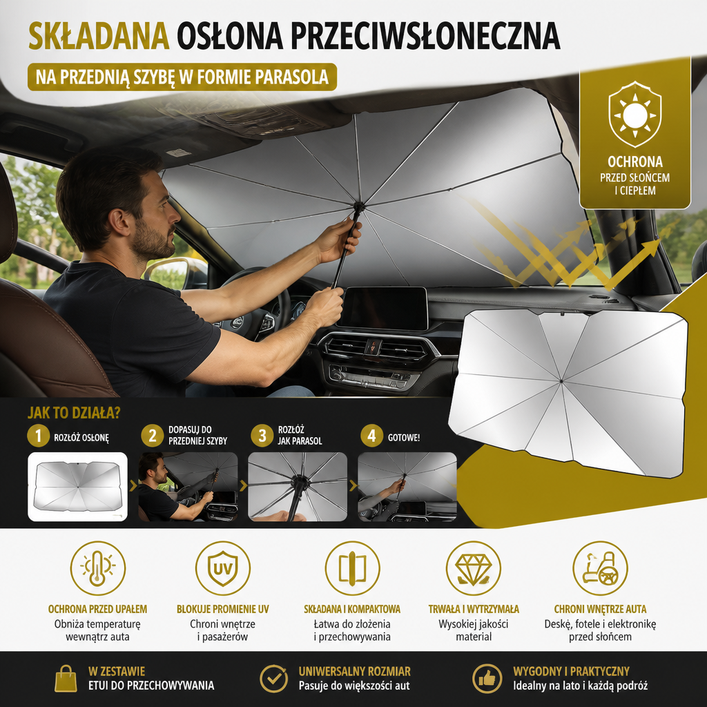 Składana Osłona Przeciwsłoneczna Na Przednią Szybę W Formie Parasola
