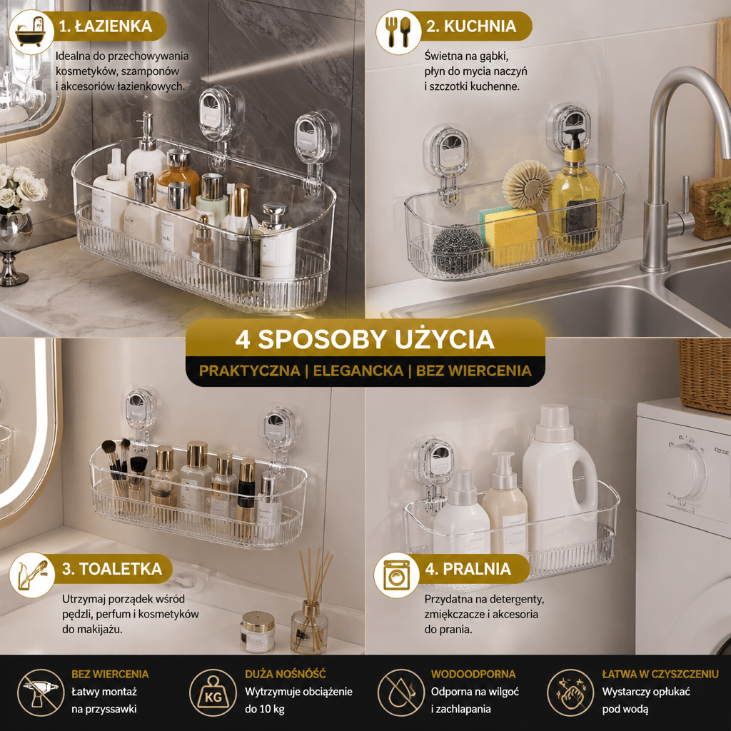 Samoprzylepna Półka Łazienkowa Na Przyssawki Bez Wiercenia