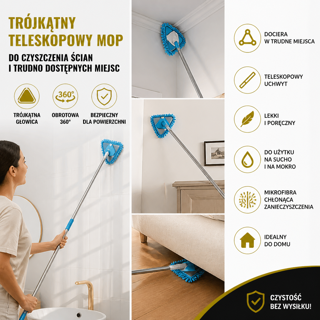 Trójkątny Teleskopowy Mop do Czyszczenia Ścian i Trudno Dostępnych Miejsc