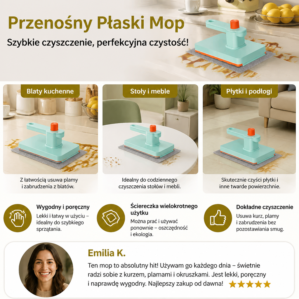 Przenośny Płaski Mop z Wielokrotnego Użytku Ściereczką do Szybkiego Czyszczenia Powierzchni