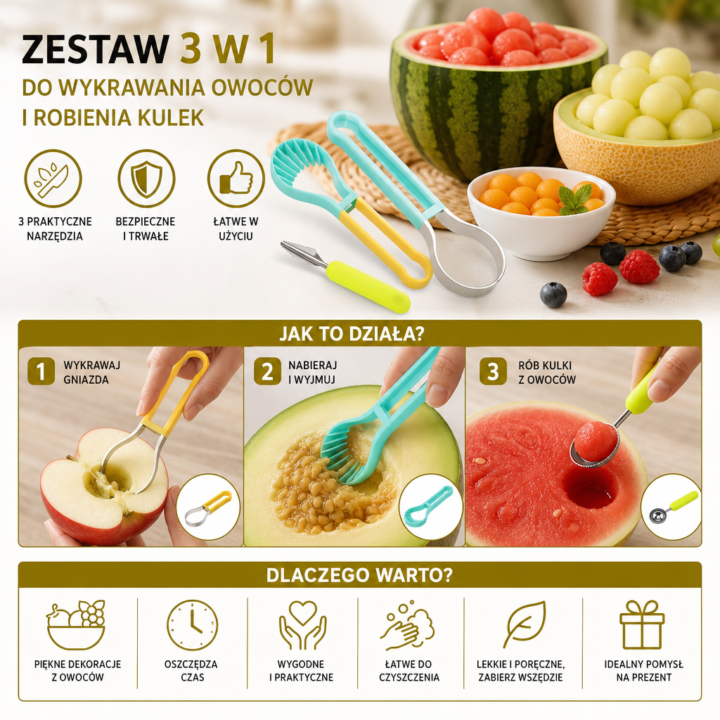 Zestaw 3 W 1 Do Wykrawania Owoców I Robienia Kulek
