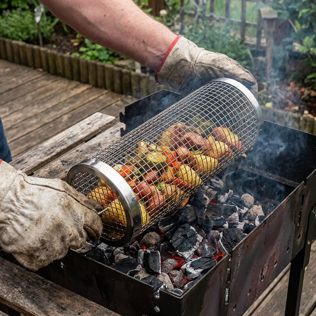 Praktyczny Kosz Grillowy ze Stali Nierdzewnej – Obrotowy Kosz do Grillowania na Zewnątrz