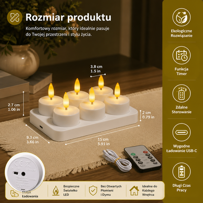 12-częściowy zestaw bezpłomieniowych świeczek LED z ładowarką USB-C, pilotem i timerem