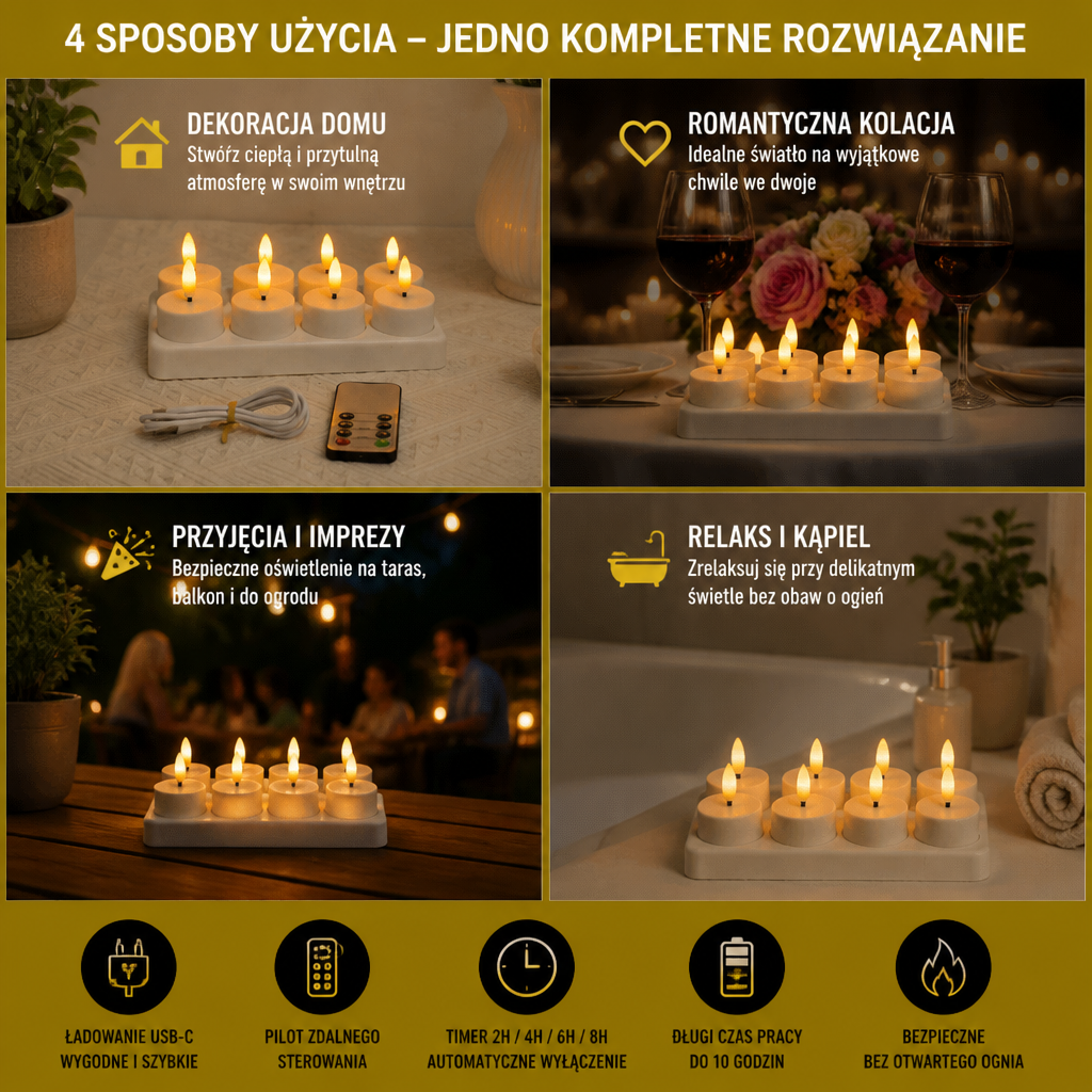 12-częściowy zestaw bezpłomieniowych świeczek LED z ładowarką USB-C, pilotem i timerem