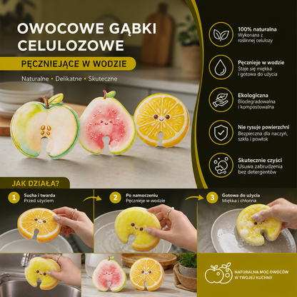 Owocowe Gąbki Celulozowe Pęczniejące w Wodzie – Zestaw 3 Roślinnych, Niepowodujących Zarysowań Gąbek Kuchennych