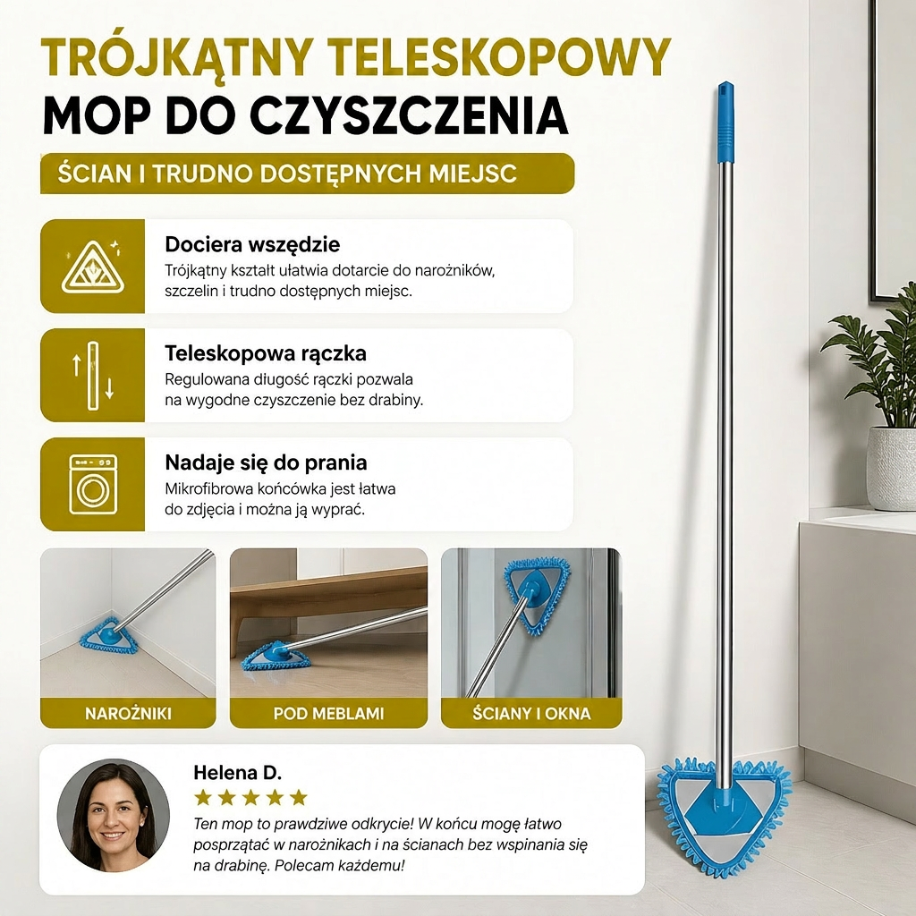 Trójkątny Teleskopowy Mop do Czyszczenia Ścian i Trudno Dostępnych Miejsc