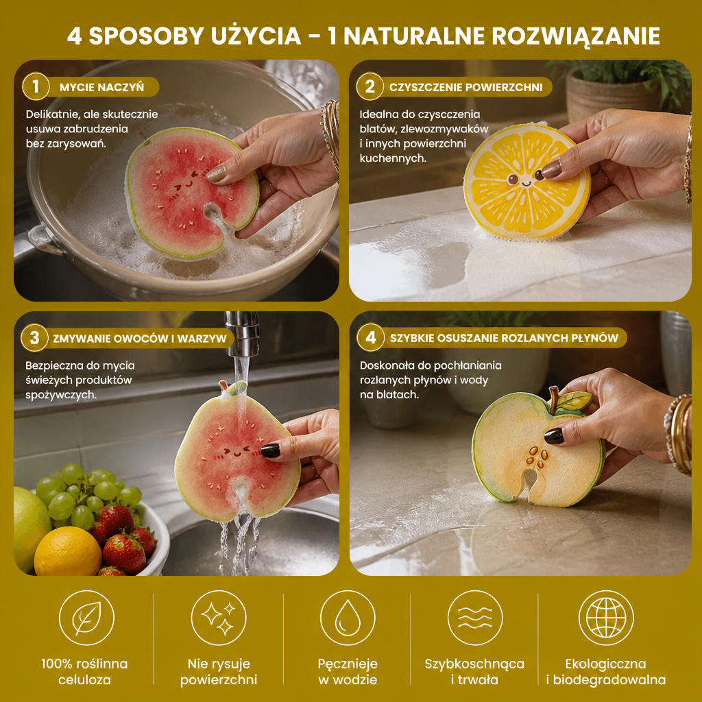 Owocowe Gąbki Celulozowe Pęczniejące w Wodzie – Zestaw 3 Roślinnych, Niepowodujących Zarysowań Gąbek Kuchennych