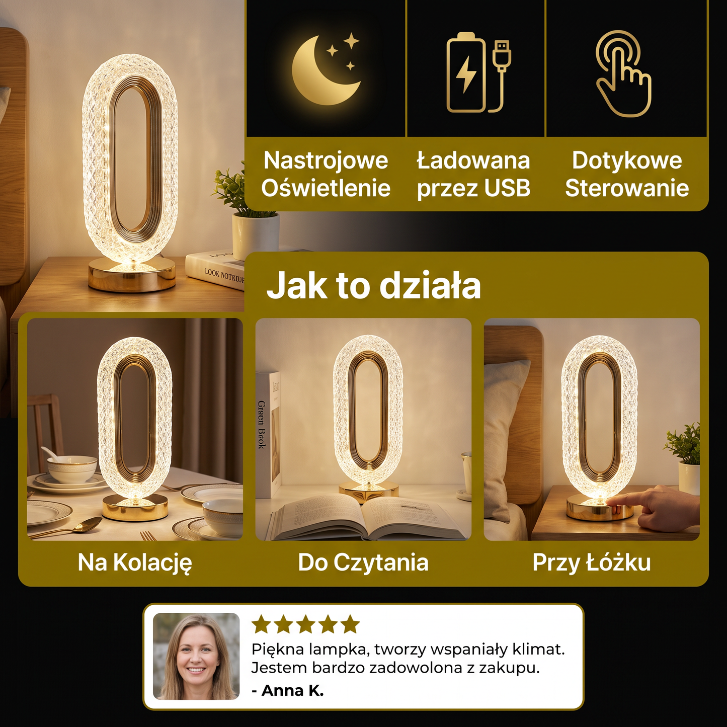 Ładowana Kryształowa Lampka Stołowa LED – Elegancka Nastrojowa Lampka Nocna