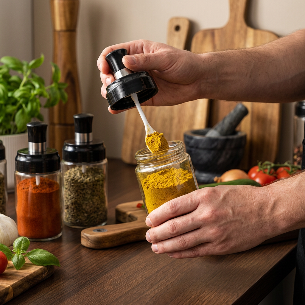 Słoik na przyprawy z łyżeczką i pędzelkiem – Praktyczny pojemnik kuchenny z akcesoriami