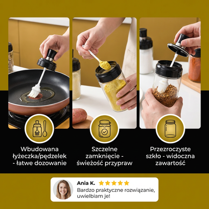 Słoik na przyprawy z łyżeczką i pędzelkiem – Praktyczny pojemnik kuchenny z akcesoriami