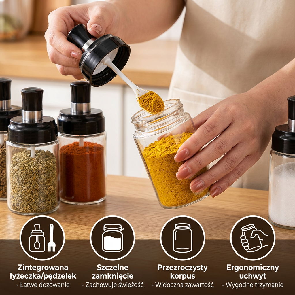 Słoik na przyprawy z łyżeczką i pędzelkiem – Praktyczny pojemnik kuchenny z akcesoriami