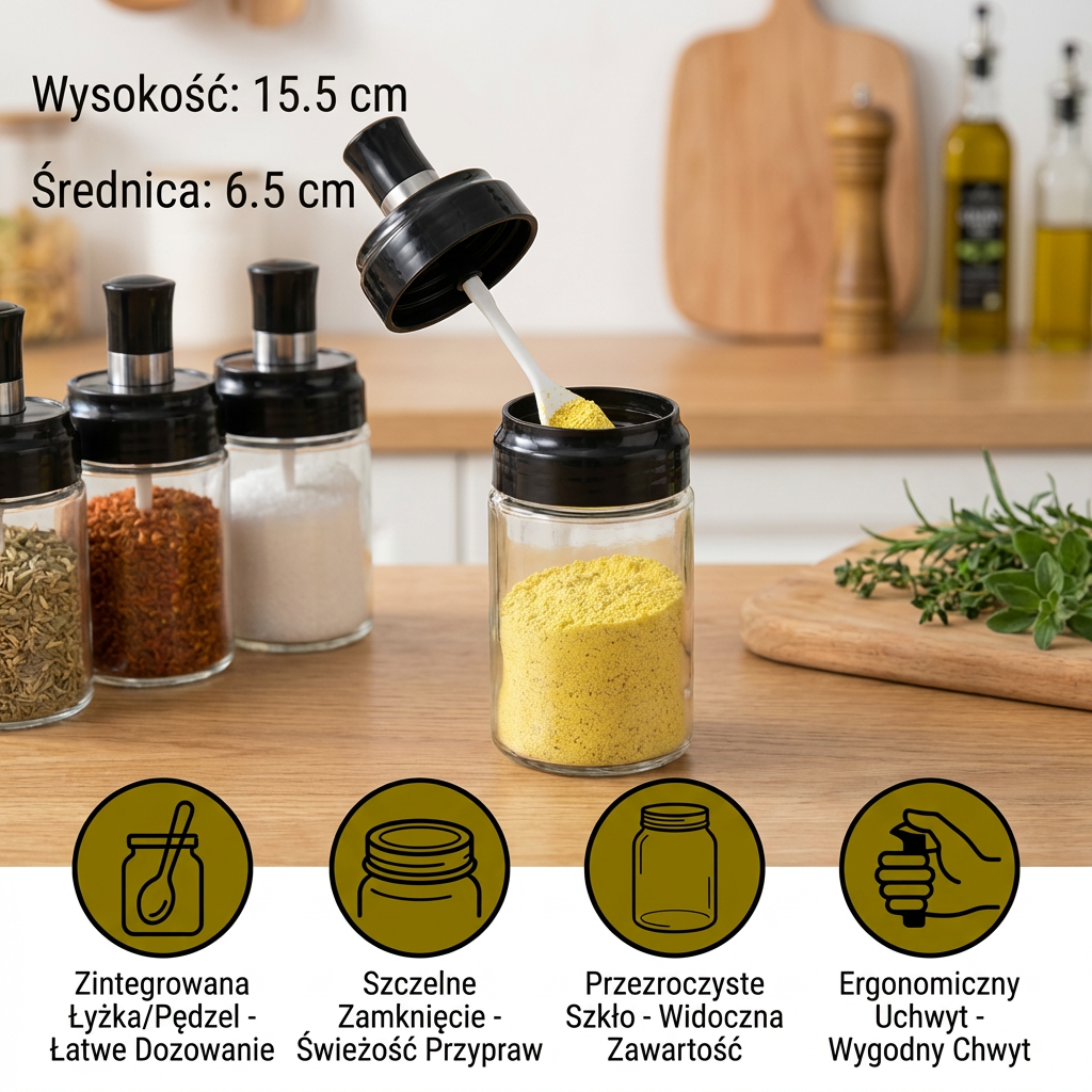 Słoik na przyprawy z łyżeczką i pędzelkiem – Praktyczny pojemnik kuchenny z akcesoriami