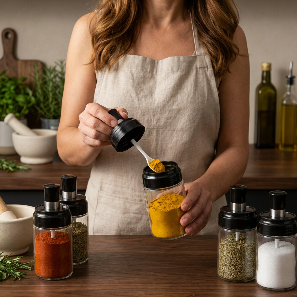 Słoik na przyprawy z łyżeczką i pędzelkiem – Praktyczny pojemnik kuchenny z akcesoriami