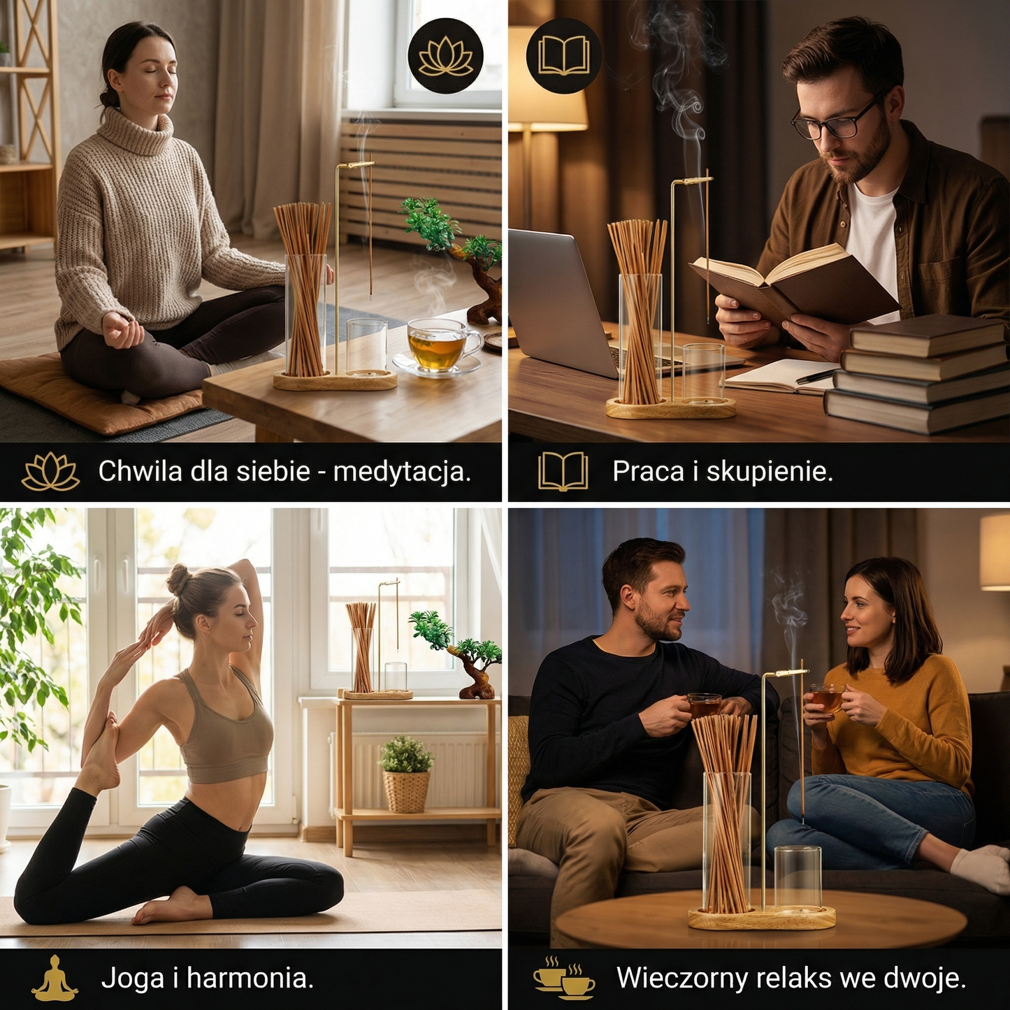 Zestaw 2 w 1 na kadzidła do medytacji i relaksu ze szklanym pojemnikiem na popiół