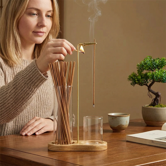 Zestaw 2 w 1 na kadzidła do medytacji i relaksu ze szklanym pojemnikiem na popiół